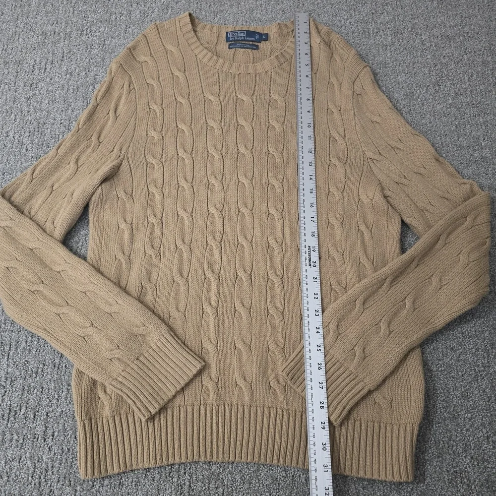 VTG Polo Ralph Lauren Mens L Cable Knit Sweater Tan 100% Cotton Crewneck Preppy